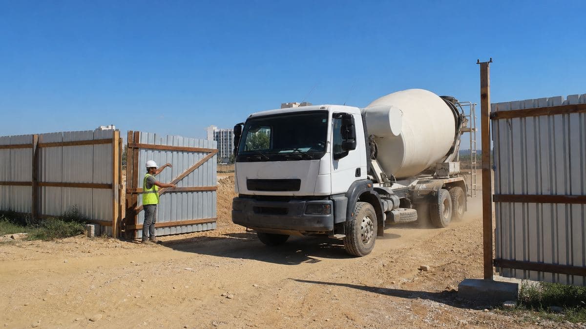 Caminhão betoneira chegando ao portão da obra em dia claro