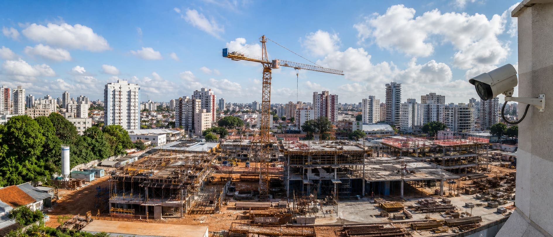 Vista panorâmica de um canteiro de obras monitorado em dia claro